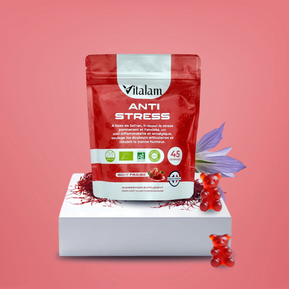 Gummies Anti-stress au safran en sachet, Réduit le stress et l'anxiété, Vitamines B3, B6, B9, B12, Rétablie la bonne humeur