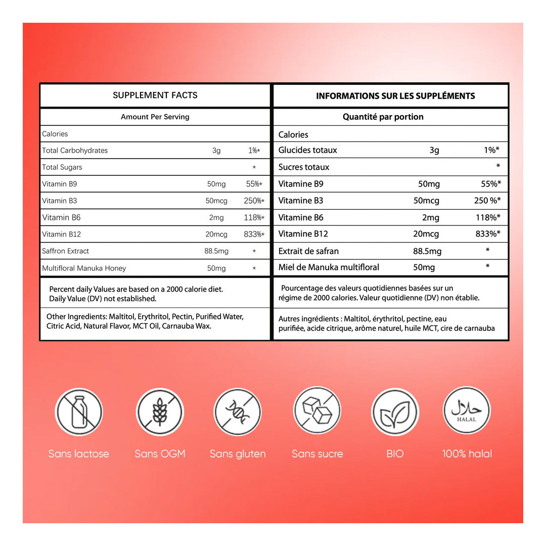 Gummies Anti-stress au safran en sachet, Réduit le stress et l'anxiété, Vitamines B3, B6, B9, B12, Rétablie la bonne humeur