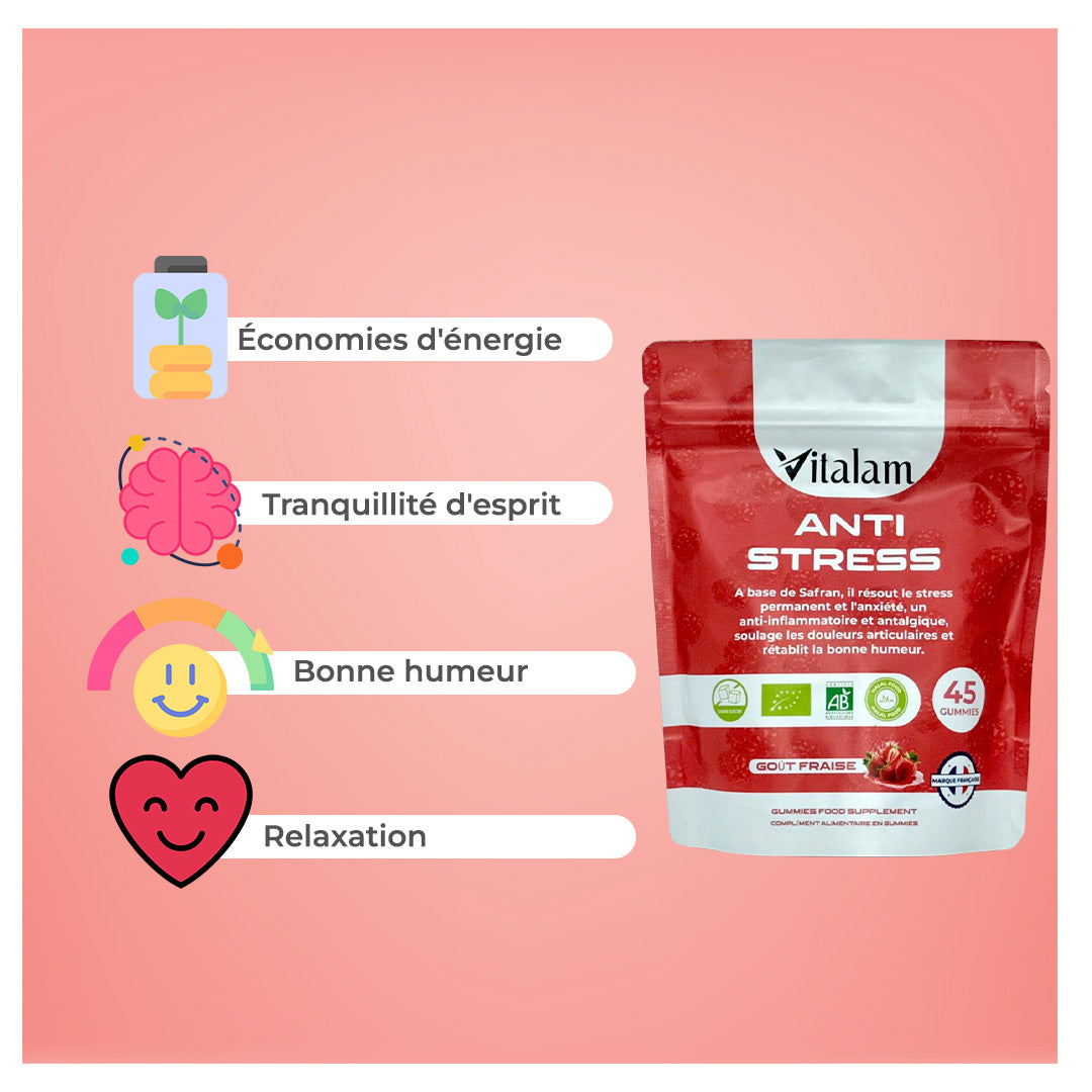 Gummies Anti-stress au safran en sachet, Réduit le stress et l'anxiété, Vitamines B3, B6, B9, B12, Rétablie la bonne humeur