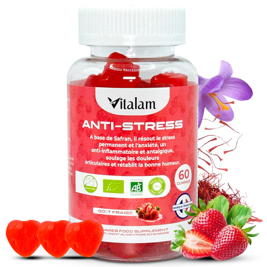 Gummies Anti-stress au safran, réduit le stress et l'anxiété, Vitamines B3, B6, B9, B12, rétablie la bonne humeur, Complément alimentaire, Sans Sucre, Goût Fraise