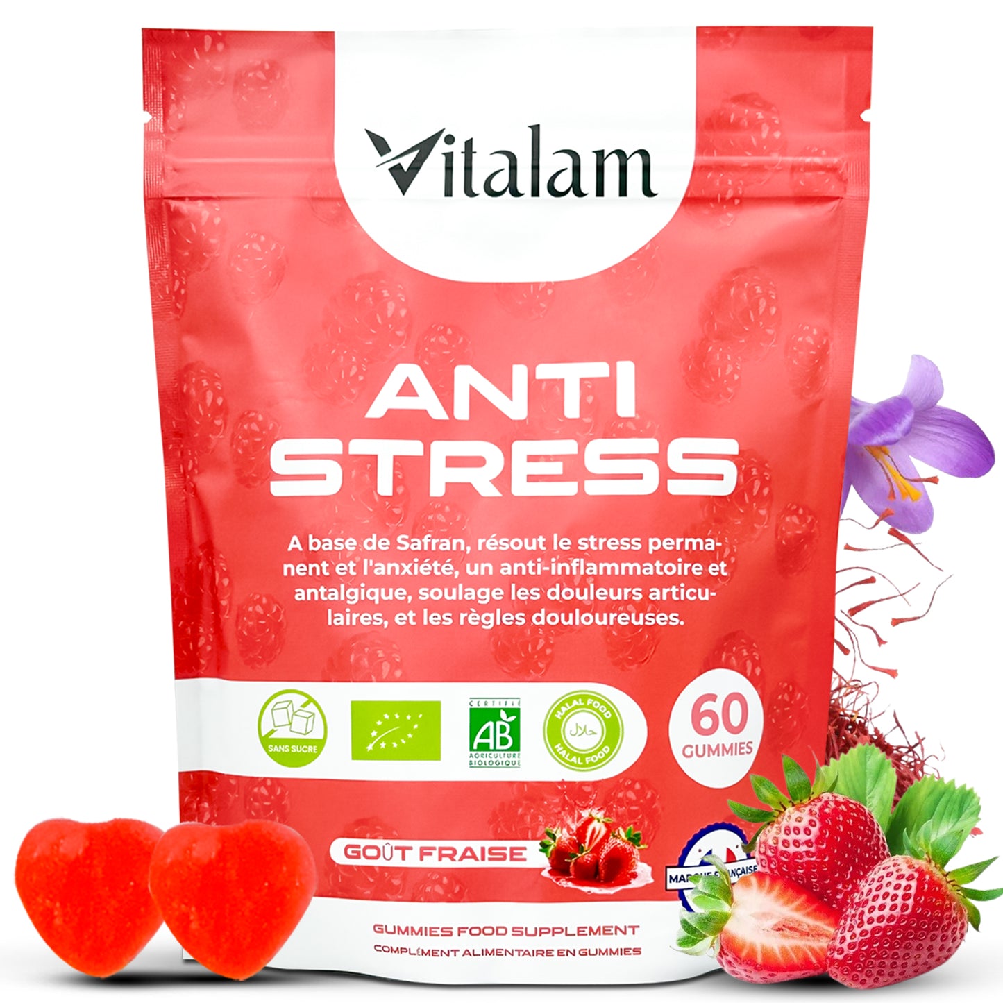 Gummies Anti-stress au safran en sachet, réduit le stress et l'anxiété, Vitamines B3, B6, B9, B12, rétablie la bonne humeur, Compléments alimentaires