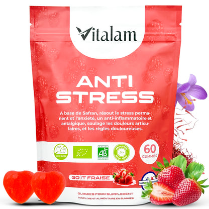 Gummies Anti-stress au safran en sachet, réduit le stress et l'anxiété, Vitamines B3, B6, B9, B12, rétablie la bonne humeur, Compléments alimentaires