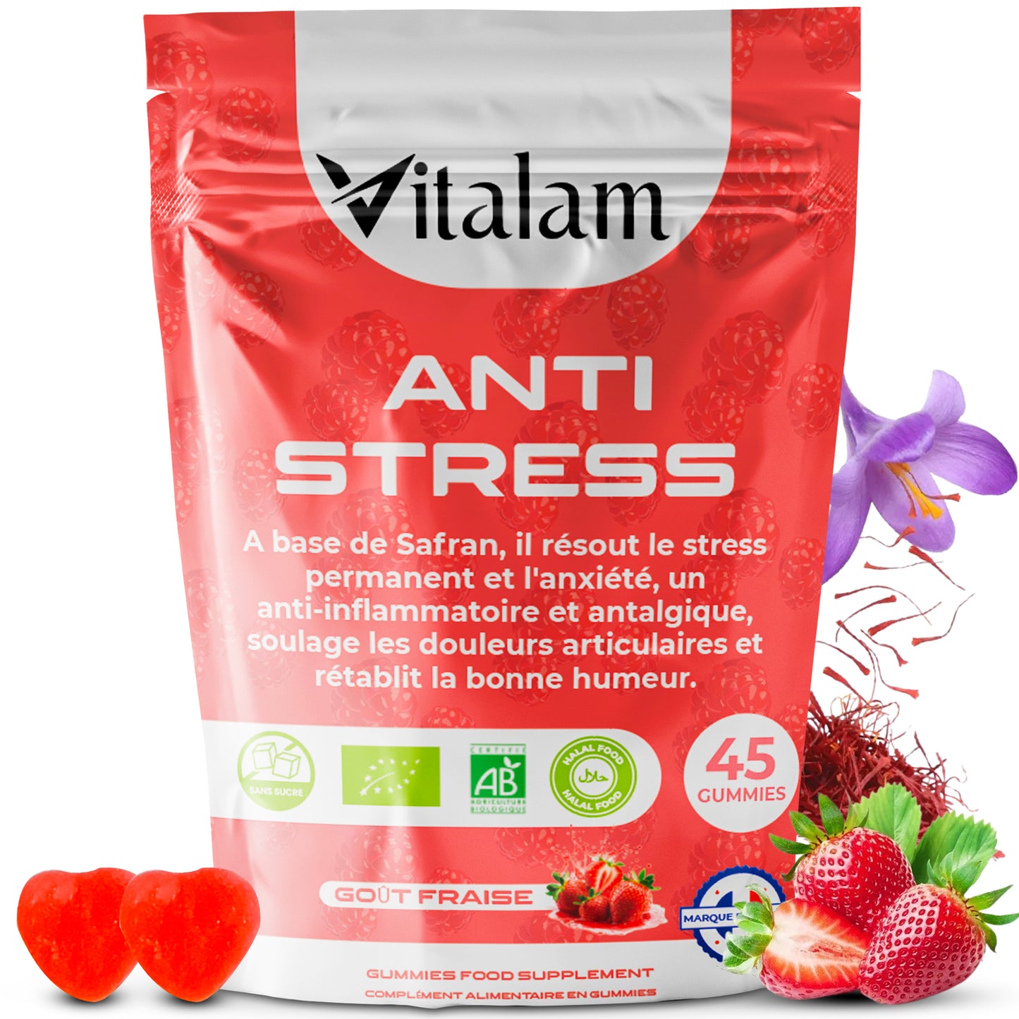 Gummies Anti-stress au safran en sachet, réduit le stress et l'anxiété, Vitamines B3, B6, B9, B12, rétablie la bonne humeur, Compléments alimentaires