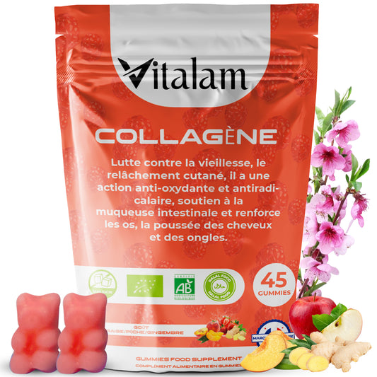 Gummies Collagène Marin Pur en sachet, Rajeunit la peau, Renforce les os, les ongles et Pousse les cheveux, Compléments alimentaires – Sans Sucre – Goût Fraise, Pêche et Pomme