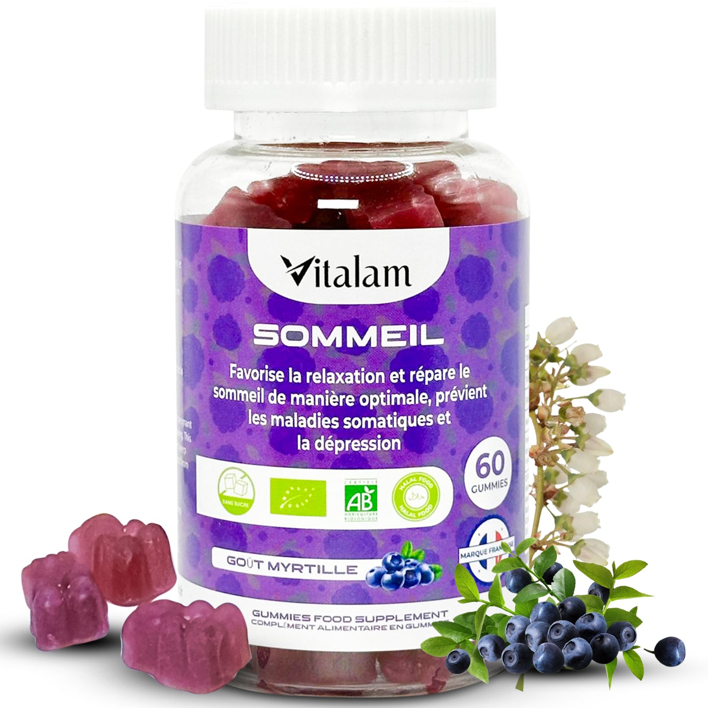 Gummies Sommeil – Gummies Réparateur sommeil, Aide Naturelle contre les Troubles du Sommeil et l'insomnie, Compléments alimentaires – Sans Sucre – Goût Myrtille