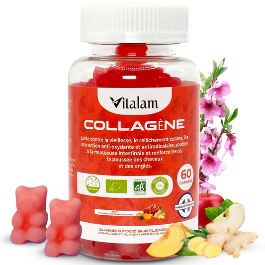Gummies Collagène Marin Pur, Rajeunit la peau, Renforce les os, les ongles et Pousse les cheveux, Compléments alimentaires – Sans Sucre – Goût Fraise, Pêche et Pomme