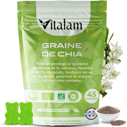 Gummies Graine de chia en sachet, Minceur & Perte de Poids et de Tour de taille, Source de protéines, fibres et OMEGA 3, Complément alimentaire, Sans Sucre, 45 gummies, Goût Pomme