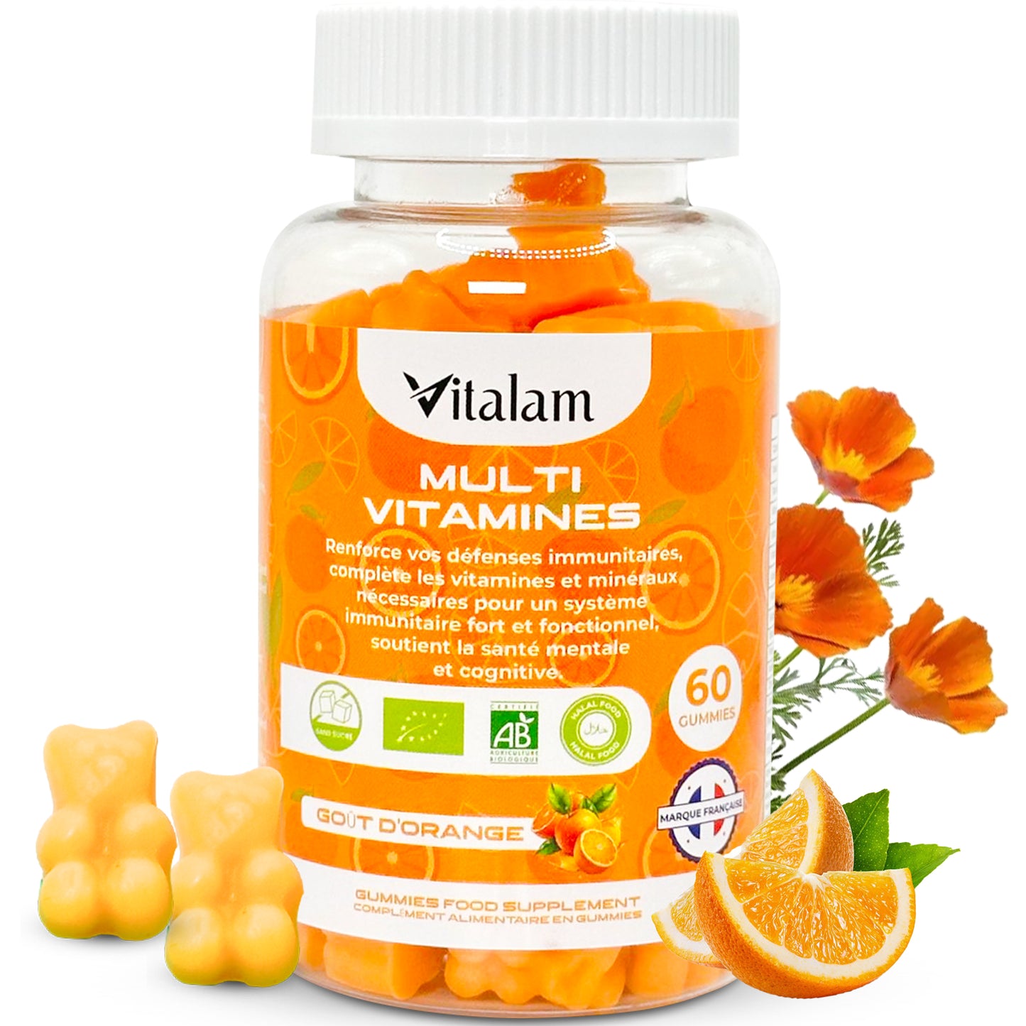 Gummies Multivitamines et Minéraux, Vitamines A,B,C,D,E,B6,B12 - Vitamines Essentiels pour Adulte & Enfant, Complément alimentaire, Sans Sucre, Goût Orange