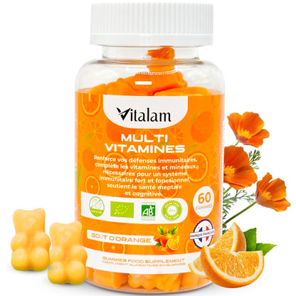 Gummies Multivitamines et Minéraux, Vitamines A,B,C,D,E,B6,B12 - Vitamines Essentiels pour Adulte & Enfant, Complément alimentaire, Sans Sucre, Goût Orange