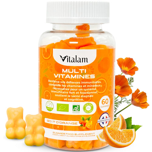 Gummies Multivitamines et Minéraux, Vitamines A,B,C,D,E,B6,B12 - Vitamines Essentiels pour Adulte & Enfant, Complément alimentaire, Sans Sucre, Goût Orange