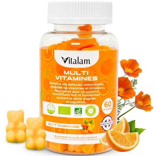 Gummies Multivitamines et Minéraux, Vitamines A,B,C,D,E,B6,B12 - Vitamines Essentiels pour Adulte & Enfant, Complément alimentaire, Sans Sucre, Goût Orange
