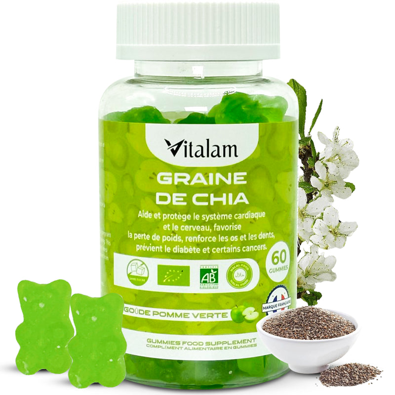 Gummies Graine de chia, Minceur & Perte de Poids et de Tour de taille, Source de protéines, fibres et OMEGA 3, Complément alimentaire, Sans Sucre, 60 gummies, Goût Pomme