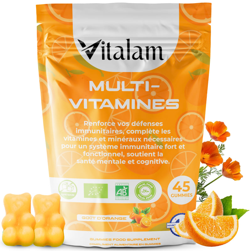 Gummies Multivitamines et Minéraux en sachet, Vitamines A,B,C,D,E,B6,B12 - Vitamines Essentiels pour Adulte & Enfant, Complément alimentaire, Sans Sucre, Goût Orange