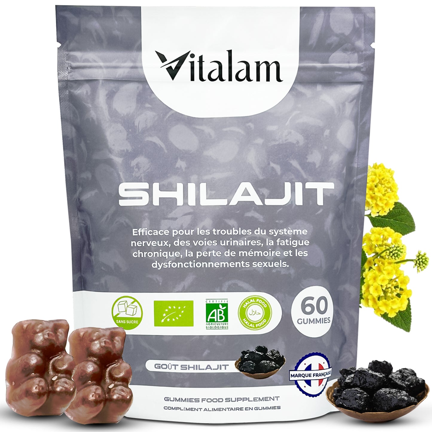 Gummies Shilajit Pur Bio en sachet, Shilajit Himalaya, Boost métabolisme, Libido et Energie, Acide Fulvique, Soutien Immunitaire pour hommes et femmes, complément alimentaire 100% Naturel