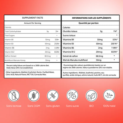 Gummies Anti-stress au safran, Réduit le stress et l'anxiété, Vitamines B3, B6, B9, B12, Rétablie la bonne humeur