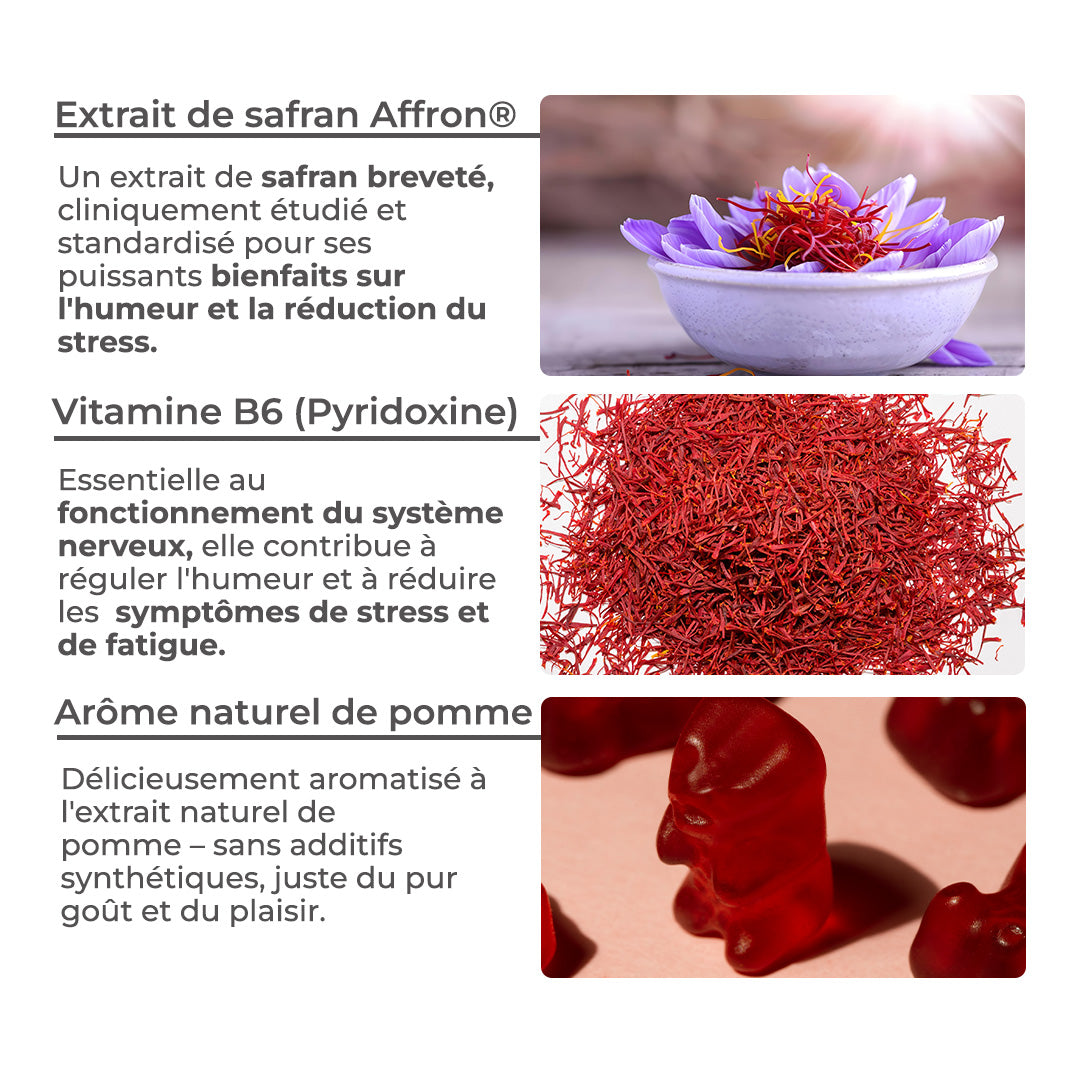 Gummies Anti-stress au safran en sachet, Réduit le stress et l'anxiété, Vitamines B3, B6, B9, B12, Rétablie la bonne humeur