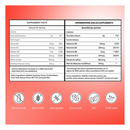 Gummies Anti-stress au safran en sachet, Réduit le stress et l'anxiété, Vitamines B3, B6, B9, B12, Rétablie la bonne humeur