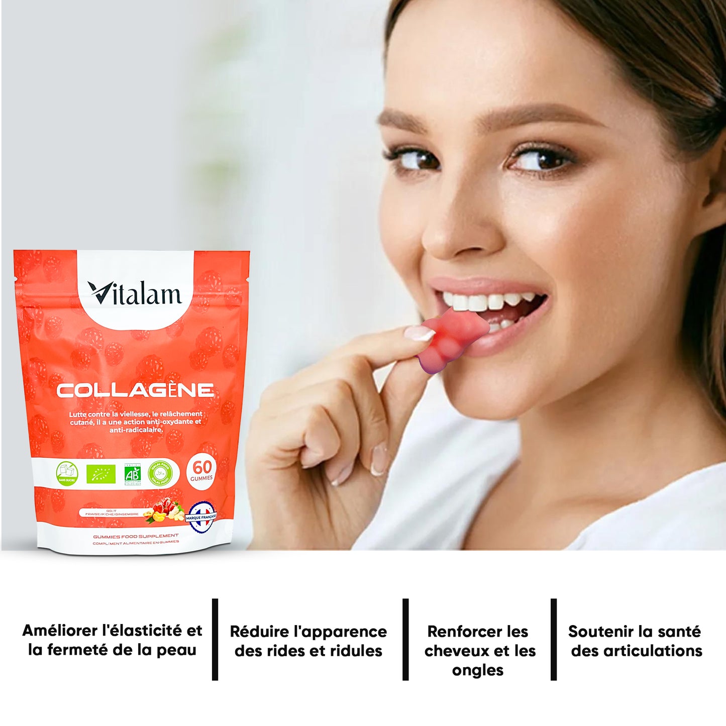 Gomitas de colágeno de coco, cabello más largo, uñas fortalecidas y piel reafirmada en bolsa