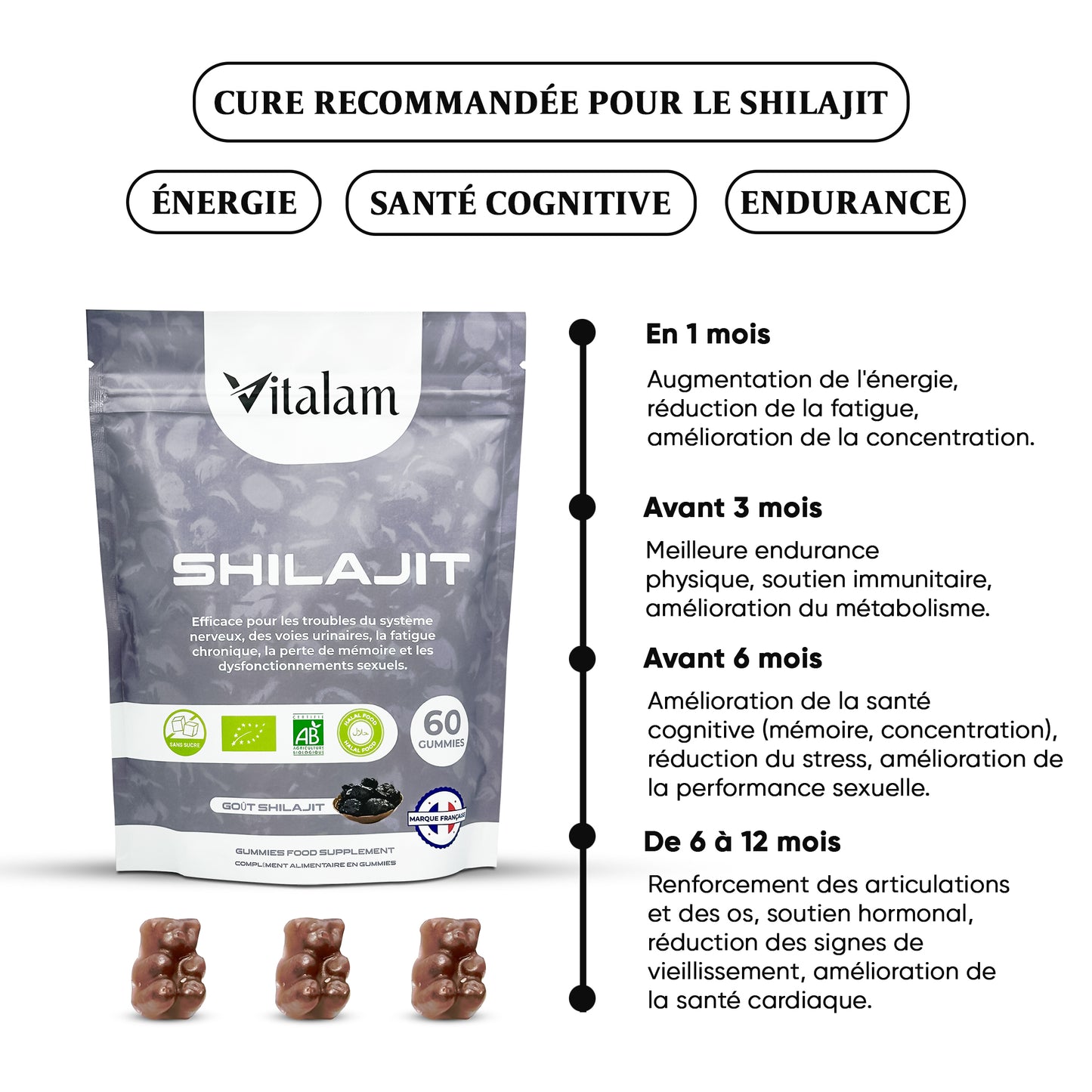 Gummies Shilajit Pure de l’Himalaya, Rajeunit et Boost l'énergie, En sachet