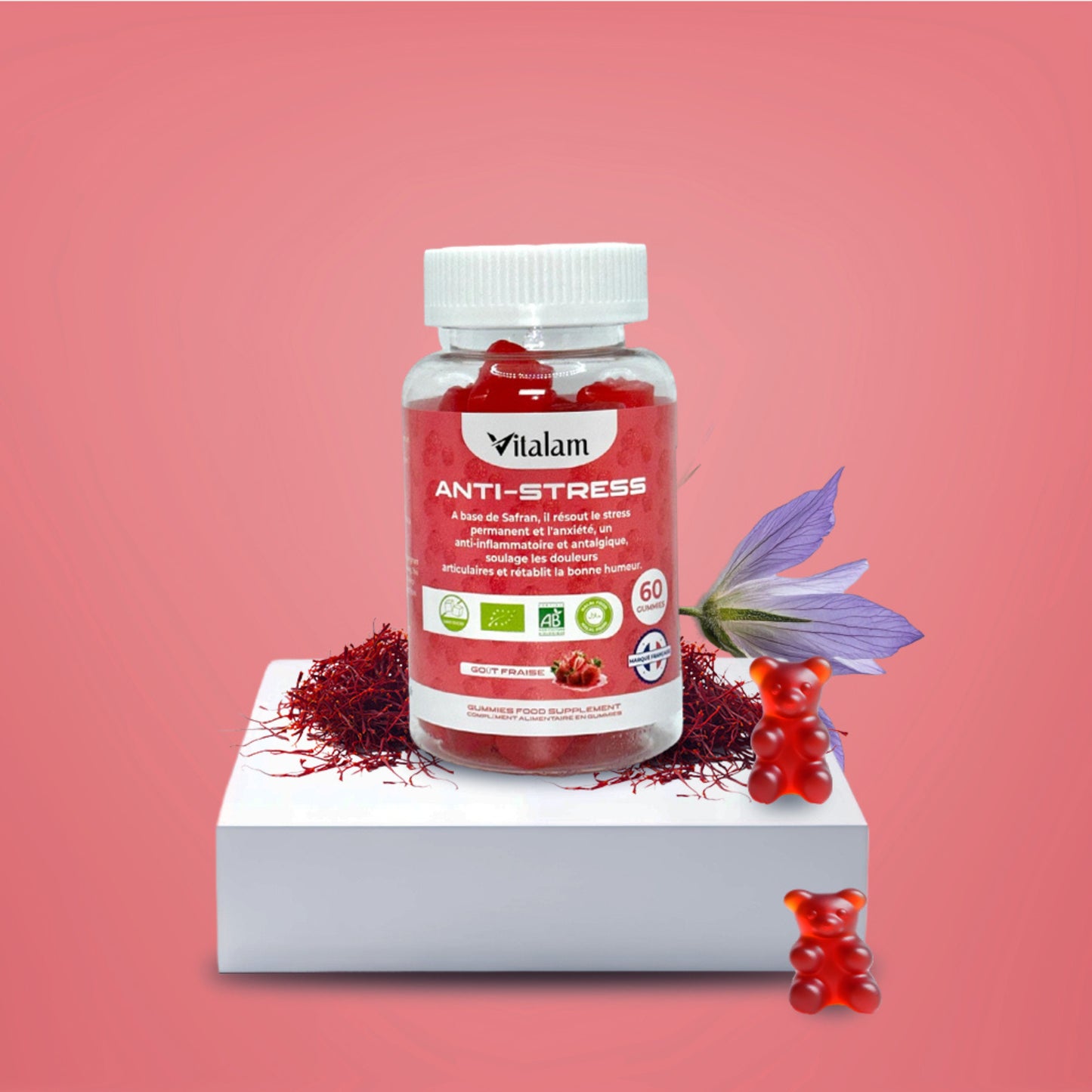 Gummies Anti-stress au safran, Réduit le stress et l'anxiété, Vitamines B3, B6, B9, B12, Rétablie la bonne humeur
