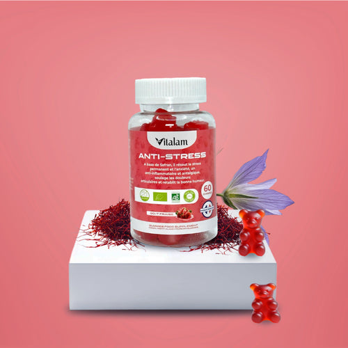Gummies Anti-stress au safran, Réduit le stress et l'anxiété, Vitamines B3, B6, B9, B12, Rétablie la bonne humeur