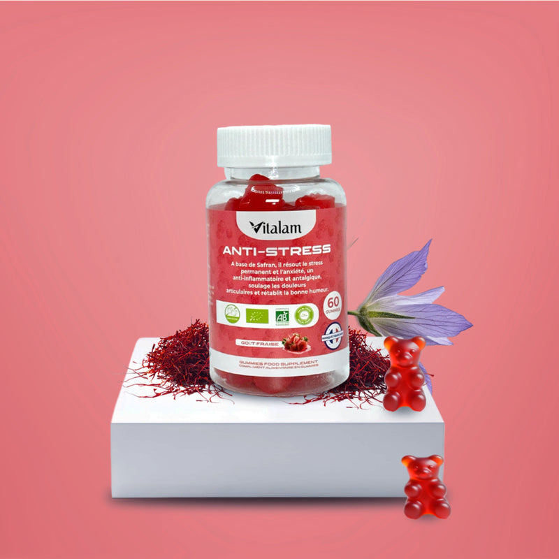 Gummies Anti-stress au safran, Réduit le stress et l'anxiété, Vitamines B3, B6, B9, B12, Rétablie la bonne humeur